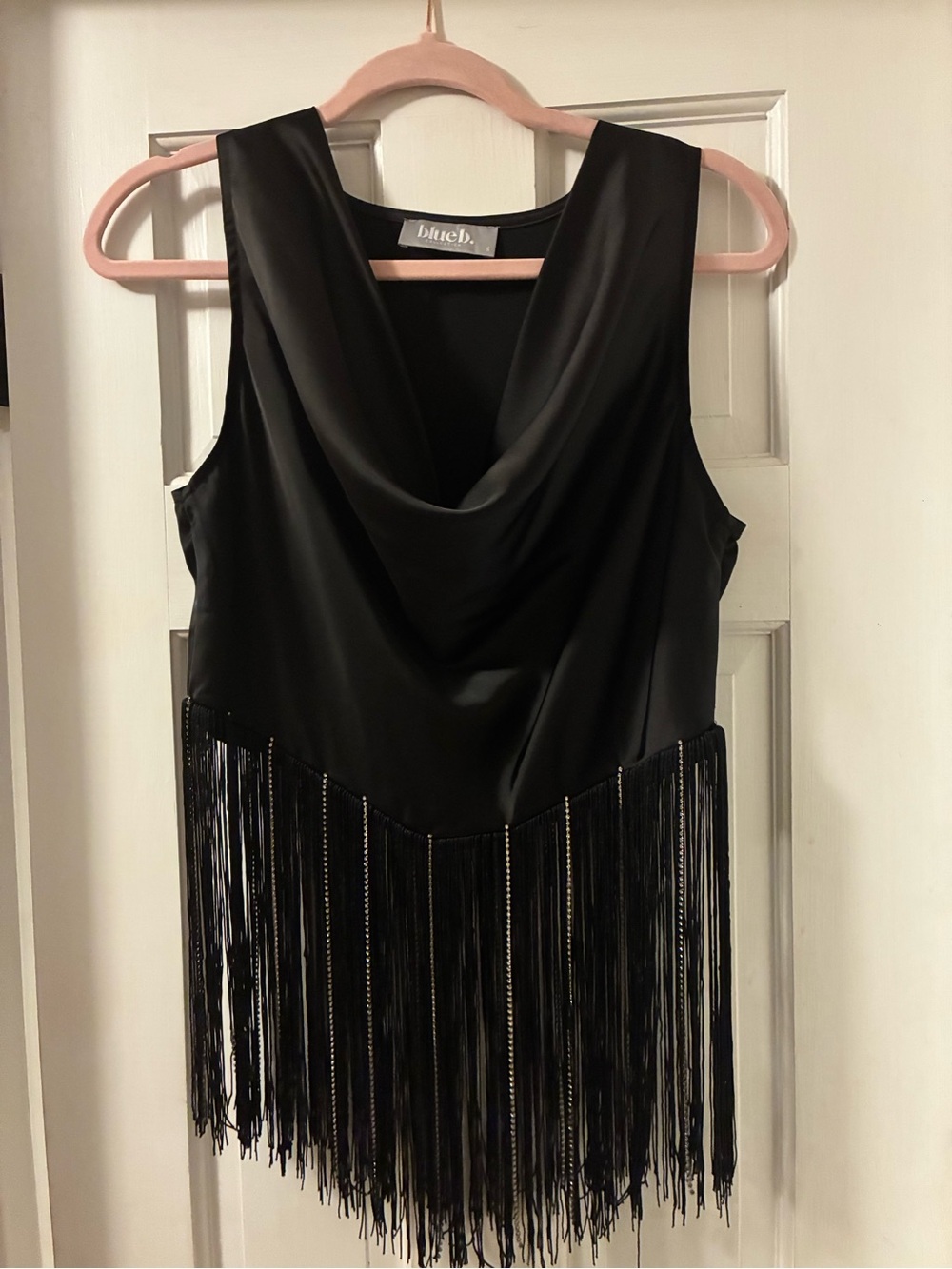Buckle Black Satin Fringe Tank Top